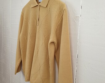 Vintage Wool Mix Jumper Mustard Yellow Ladies Large Size UK 14 Long Sleeve Polo Style Jumper Fine Quality Cable Knit Bergere de France