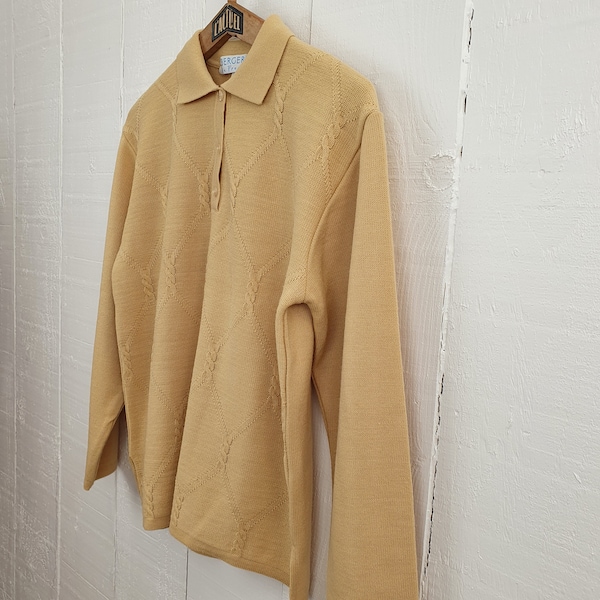 Vintage Wool Mix Jumper Mustard Yellow Ladies Large Size UK 14 Long Sleeve Polo Style Jumper Fine Quality Cable Knit Bergere de France