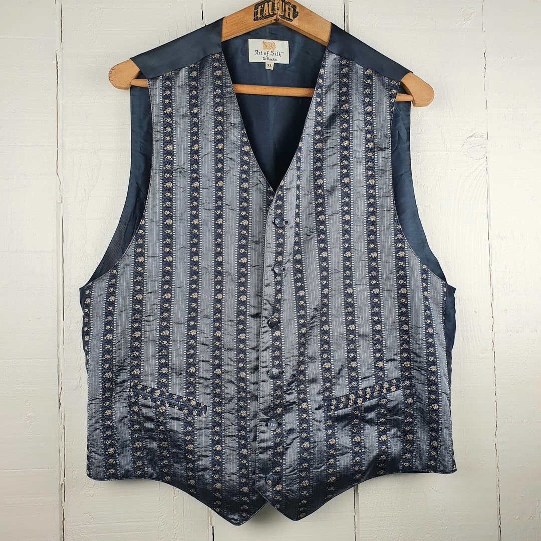 Silk Waistcoat Blue 80s 90s Wedding Floral Waistcoat Vintage Blue ...