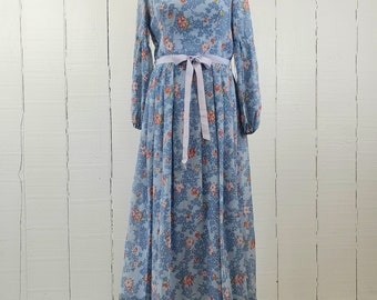 Vintage 70s Floral Dress Cottagecore Country Size XS Maxi Long Romantic English Bell Sleeves Pale Blue Pastel Colours Rare Pretty Wedding