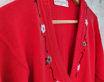 Vintage 1980s Wool Mix Cardigan Embroidered Red Made in Italy Paola Goldini Designer Wool Mix Cardigan Floral Embroidery
