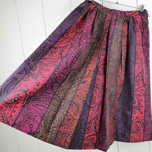 Purple Paisley Pattern Skirt Size Medium Handmade Pleated Full Skirt Bohemian Whimsygoth Silk Feel French Lightweight 80s 90s Party Skirt