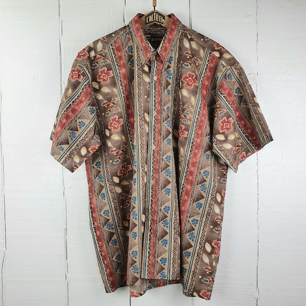 Vintage 1980s Size XL Mens Shirt Floral Abstract Crazy Print Pattern Striped Short Sleeve Summer Shirt Chemise Homme 80s Abstraite 80s Boho