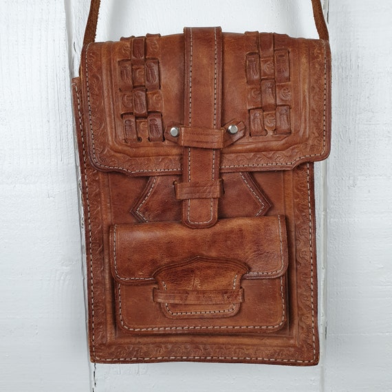 Vintage Leather Bag Handmade Tooled Leather Brown… - image 1