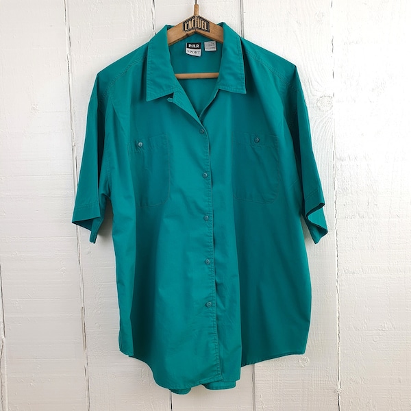 Vintage 1980s Size 18 Emerald Green Cotton Mix P.H.R. Sport Blouse  Gift For Her Chemise Turquoise Shortsleeve Shirt Womens Golf Shirt