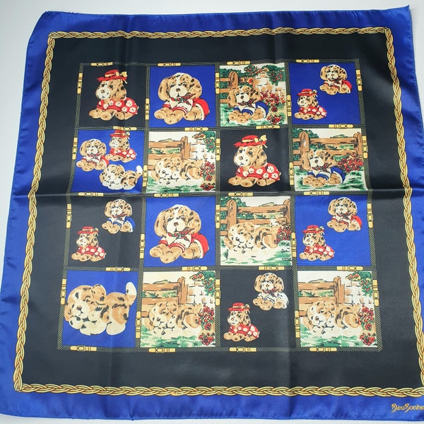 1980s Dog Print Scarf French Designer Blue Gold Square Scarf Dog Lover Gift Puppy Cute Cottagecore Country Chic Bleu Bonheur Chien Foulard