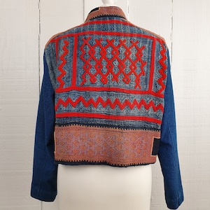 Embroidered Jacket Vintage Whimsical Cropped Jacket From Thailand 1990s Handmade Antique Fabric Military Style Boxy Romantic Jacket Indie