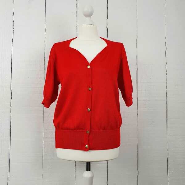 90s Bright Red Cardigan Top Button Up French Size Small Gold Buttons Short Sleeve Courtelle Design 1990s Academia Classic Lightweight V Neck