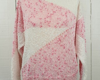 Pull rose des années 90 fait main taille moyenne M coton Français tricoté à la main des années 1990 rose blanc en tricot diagonale moucheté texturé barbe à papa assez mignonne Barbie