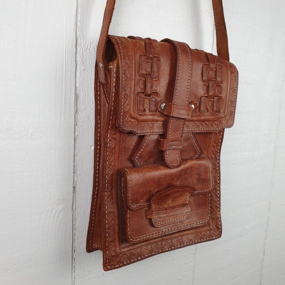 Vintage Leather Bag Handmade Tooled Leather Brown… - image 3