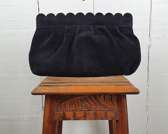 Black Leather Clutch Bag 80s French Designer Brand, Black Suede, Charles Jourdan Paris, 1990s Fashion Handbag With Scallop Top, Rare 1980s