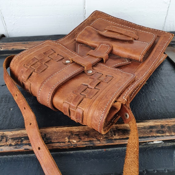 Vintage Leather Bag Handmade Tooled Leather Brown… - image 10