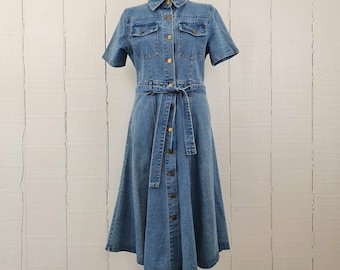 1990s Denim Dress Size Extra Small XS Fitted Cotton Flared Skirt 90s Designed In Amsterdam Brass Buttons Light Academia Classic Robe En Jean