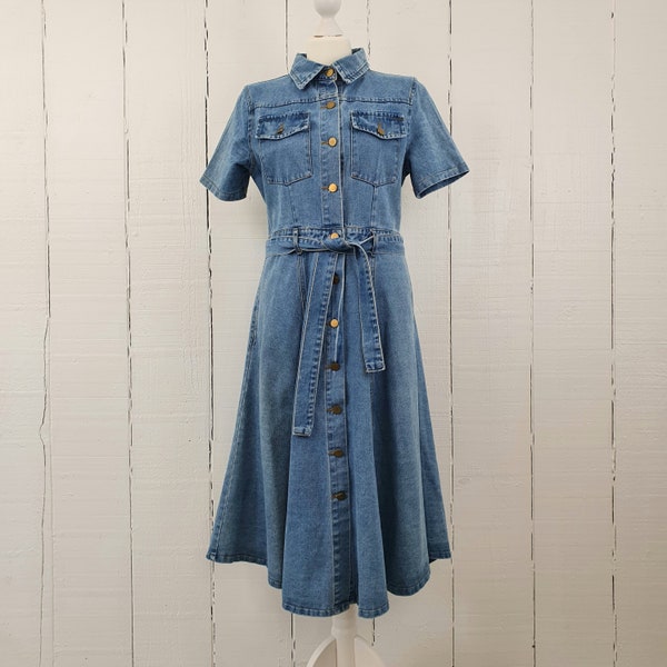 1990s Denim Dress Size Extra Small XS Fitted Cotton Flared Skirt 90s Designed In Amsterdam Brass Buttons Light Academia Classic Robe En Jean