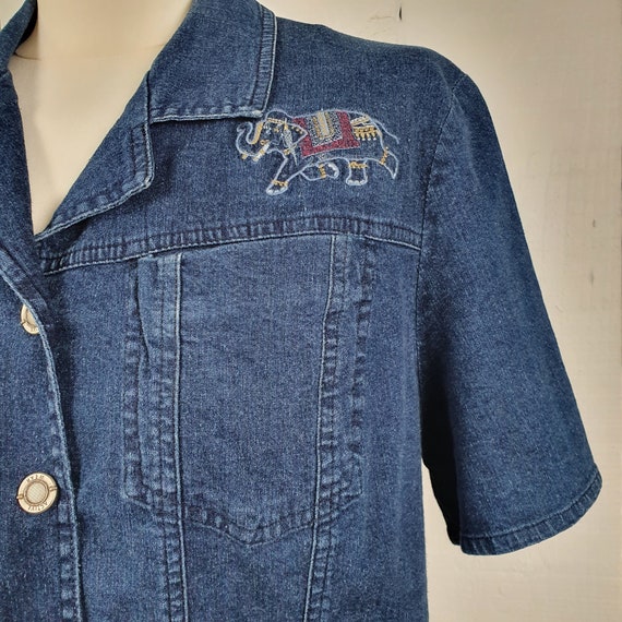 90s Blue Denim Shirt Elephant Embroidery Size Sma… - image 1
