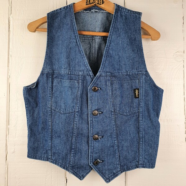 Vintage 80s Denim Waistcoat Size S 70s Pinstripe Denim Fashion Unisex Fitted V Neck Thick Cotton Metal Buttons Blue Gilet Veste Festival