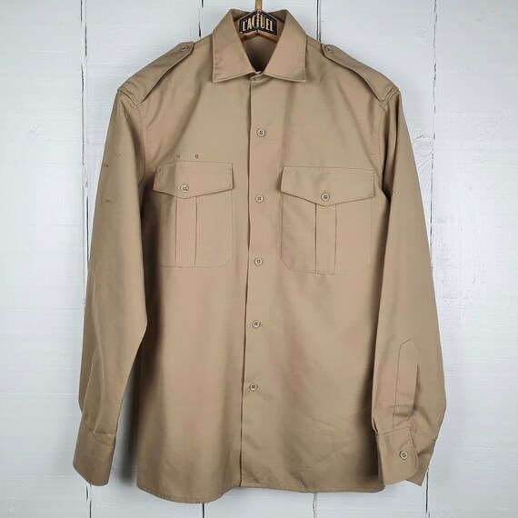 1970 Army Shirt Khaki French Army Shirt Beige with Epilettes Breast Pockets Veyrier Paris Chemise Armee Beige Made in France Rare Vintage