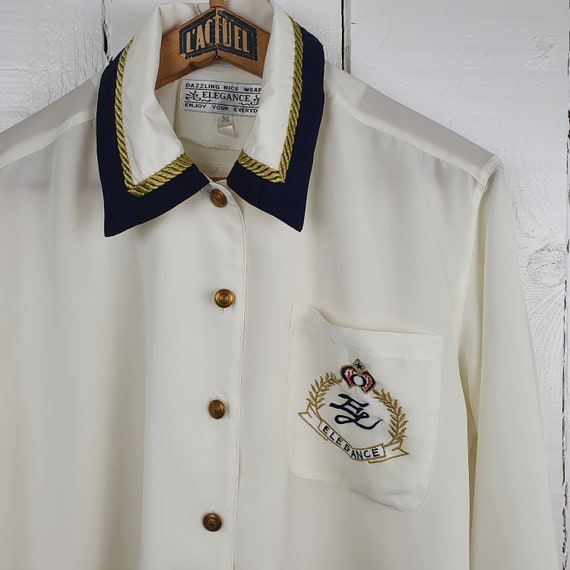 Vintage blanco bordado camisa abotonada cuello blusa vela tema camisa francesa 80 s blusa botones dorados elegancia monograma bolsillo de pecho Etsy Espana