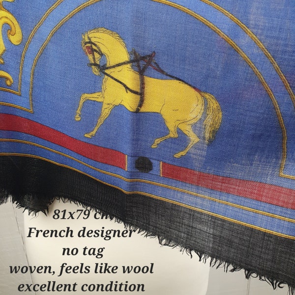 1980er Jahre Pferdeschal Square Woven Blau Französischer Modedesigner Chic Richel Paris Classic Kopftuch Countrycore Pferdesport Foulard Chevaux