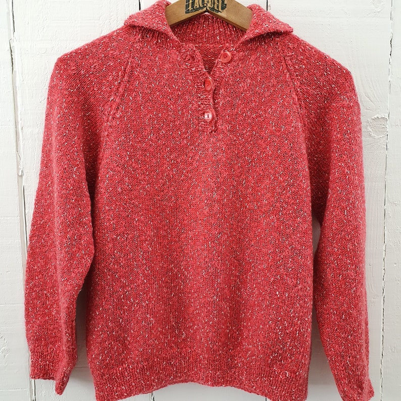 Pink Handknitted Jumper Size Small French 1990s Flecked Pattern Soft Warm Feels Like Wool Collar Knitted Quality Dark Pink Pretty 80s 90s image 6