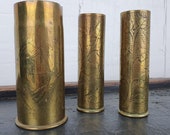 Trench Art Bud Vases Set of 3 Floral Design Pressed Shell Cases Upcycled Decorative Vases Military Memorabilia Art Des Tranchees 3 Vases