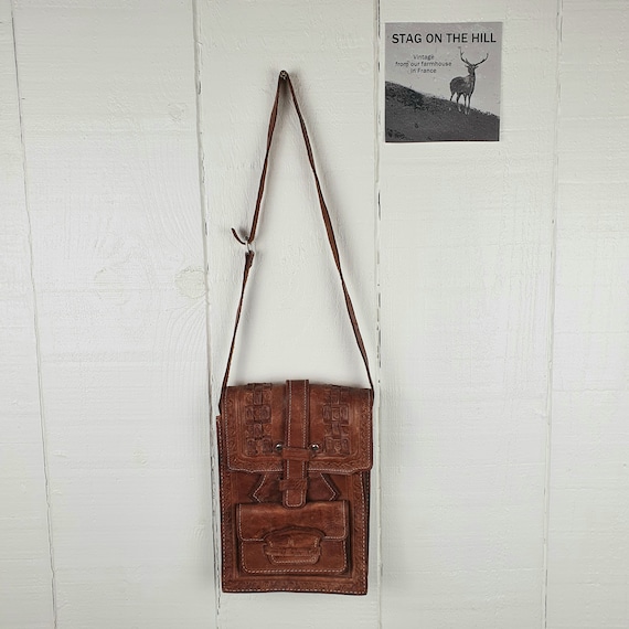 Vintage Leather Bag Handmade Tooled Leather Brown… - image 2