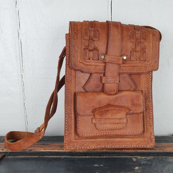 Vintage Leather Bag Handmade Tooled Leather Brown… - image 8