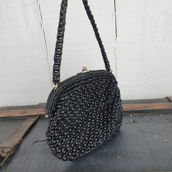 1950s Black Clutch Bag Beaded Vintage Handbag Short Top Handle Evening Hand Bag Sac A Main Noir Vintage Perle pour Soiree