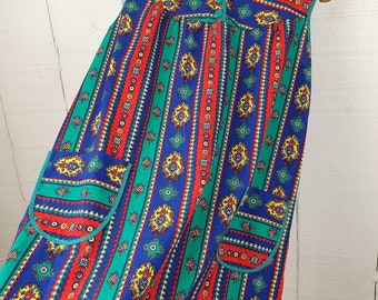 Vintage Baumwolle Kleid Large Größe 14 3 Suisses Le Chouchou Grün Rot Blau Print Robe en Coton Verte Rouge Bleu Boho Vibe Hippie Style