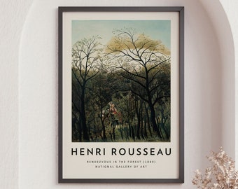 Henri Rousseau Poster Print, Rendezvous in the Forest, Rousseau Print, Floral Wall Art, Animal Art Print