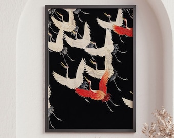 Flying Birds Poster, Flying Cranes, Vintage Animal Poster, Wall Gallery, Wall Art, Oriental Art Print, Home Decor