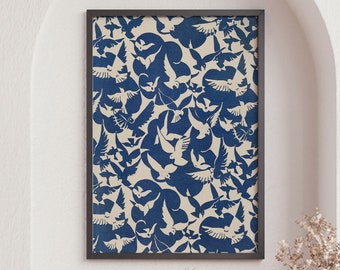 Pigeons in White and Blue Poster Print, Vintage Animal Poster, Retro Art Print, Vintage Gift, Home Decor, Large Print
