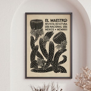 Impresión de El Maestro México, decoración de cultura mexicana vintage, impresión en negro y beige, póster botánico,