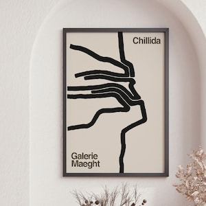 Póster de la exposición de la galería Maeght Chillida, arte mural vintage en blanco y negro, arte mural minimalista, pintura abstracta