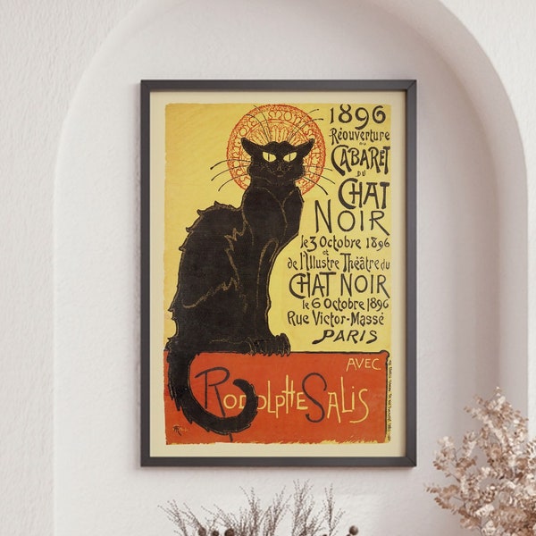 Vintage French Black Cat Poster, Rodolphe Salis Le Chat Noir Poster 1896, Popculture Theme Posters, Old Movie Wall Print