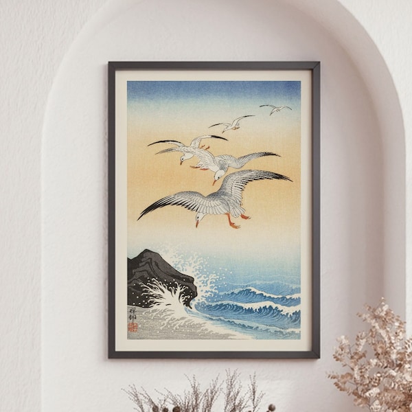 Fünf Möwen über dem turbulenten Meer Poster, Ohara Koson, schöner Vogel Druck, Vintage Poster, Retro Poster, Kunstdruck, Druck in Galeriequalität