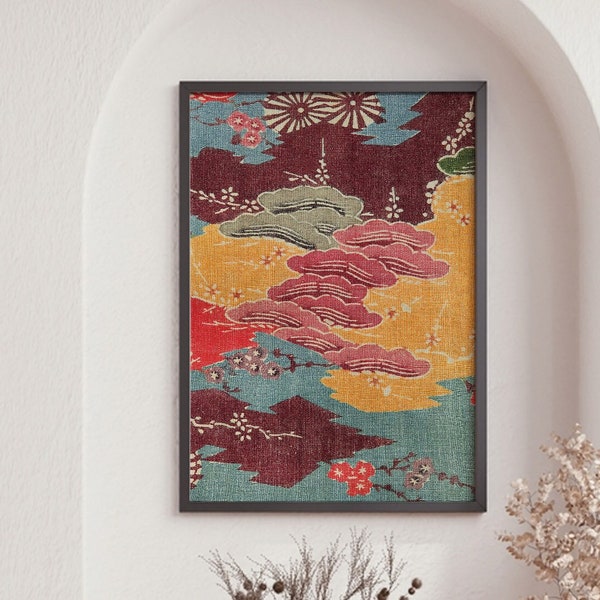 Vintage Textile Art Print, Plum and chrysanthemum Pattern Wall Print, Farmhouse Decor, Floral Pattern Textile Wall Art