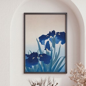 Iris flowers by Ohara Koson, Vintage Poster, Blue Decor, Bedroom Art, Vintage Japanese Art, Antique Drawing Art