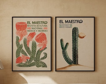 Conjunto de cactus, Conjunto de carteles de arte de exposición mexicana, Decoración mexicana, Estampados florales vintage, Conjunto de pared de galería, Múltiples tamaños