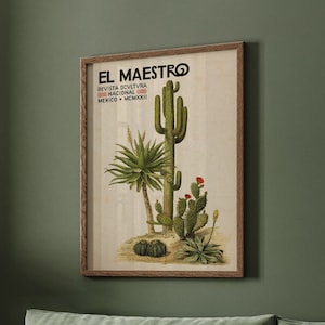 Mexican Cactus Poster, Floral Vintage Wall Art Decor, Mexican Decor, Latin American Artesania