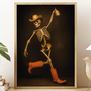 Funny Skeleton Cowboy Poster, Western Bar Decor Wall Art Print, Dancing Skeleton With Boots And Hat, Rustic Saloon Style Artwork