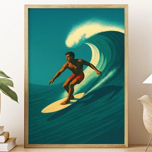 Retro Surfer Wall Art Print, Vintage Style Ocean Wave Surfing Poster, Coastal Beach Decor For Summer Home Or Surf Themed Room
