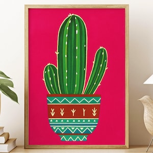 Colorful Cactus Wall Art Print, Boho Plant Poster with Bright Pink Background, Unframed Botanical Illustration for Fun Home Decor