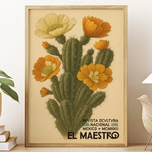 Vintage Kaktus Kunst Druck El Maestro Mexico Botanisches Poster mit blühenden Blumen für die Dekoration des Südwestens oder der Wüste