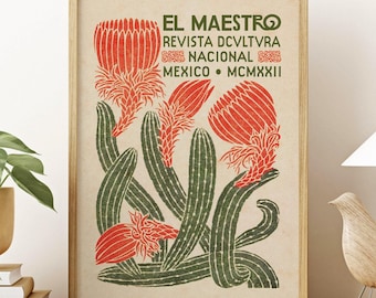 Póster de arte de exposición mexicana, arte mural de cactus, póster de viaje a México, arte mural vintage, póster de El Maestro, impresión de cultura mexicana