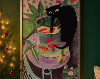 Poster of Matisse Goldfish With Cat, Funny Cat Print, Black Cat Poster