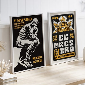 Conjunto mexicano de 2 carteles, cartel amarillo y negro, decoración latinoamericana, arte de viaje de México