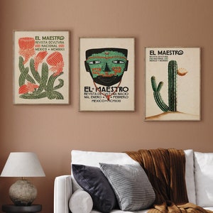 Set of 3 El Maestro Mexico Print, Cactus Set, Mexican Exhibition Art Poster Set, Mexican Decor, Vintage Floral Prints, Gallery Wall Set