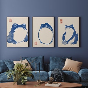 Set di 3 stampe giapponesi di rane blu, decorazioni giapponesi, stampe artistiche Matsumoto Hoji, stampe di animali vintage, set da parete per gallerie, stampe di alta qualità