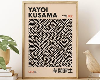 Yayoi Kusama Exhibition Poster: Beige-Black Japanese Art Print